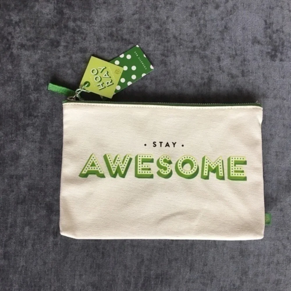 Stay Awesome Make Up Case Clutch Zipper Top Canvas Bag Pouch Green Gift NWT